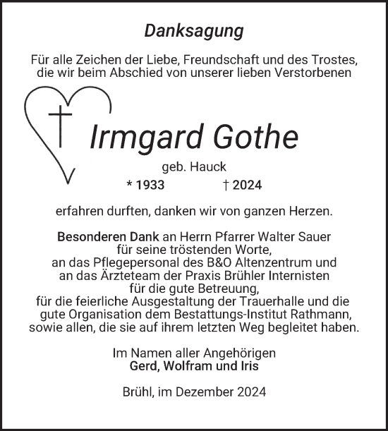 Traueranzeige von Irmgard Gothe von Schwetzinger Zeitung
