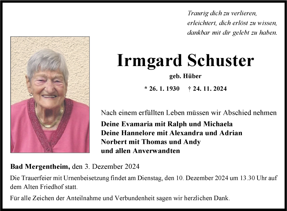  Traueranzeige für Irmgard Schuster vom 03.12.2024 aus Fränkische Nachrichten
