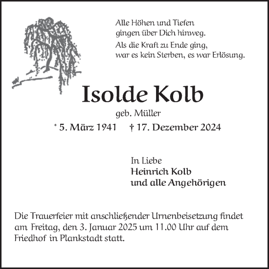 Traueranzeige von Isolde Kolb von Schwetzinger Zeitung