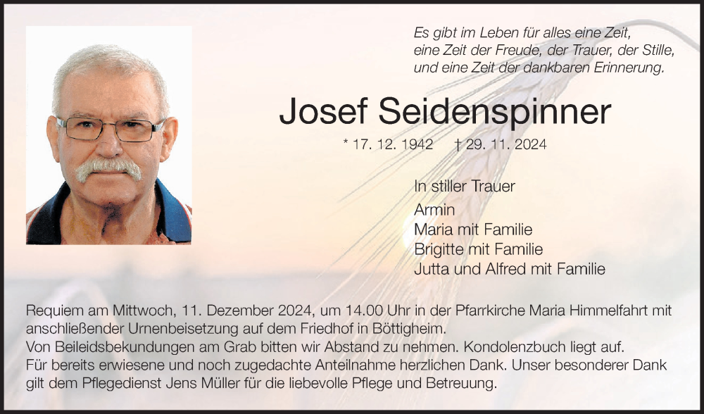  Traueranzeige für Josef Seidenspinner vom 07.12.2024 aus Fränkische Nachrichten