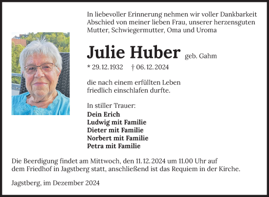 Traueranzeige von Julie Huber von Fränkische Nachrichten