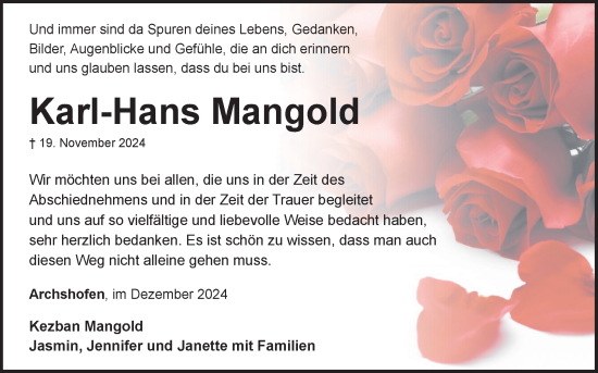 Traueranzeige von Karl-Hans Mangold von Fränkische Nachrichten