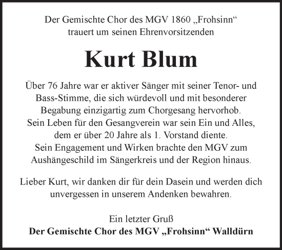 Traueranzeige von Kurt Blum von Fränkische Nachrichten