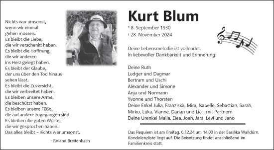 Traueranzeige von Kurt Blum von Fränkische Nachrichten