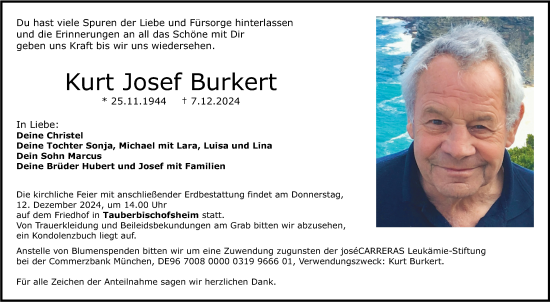 Traueranzeige von Kurt Josef Burkert von Fränkische Nachrichten