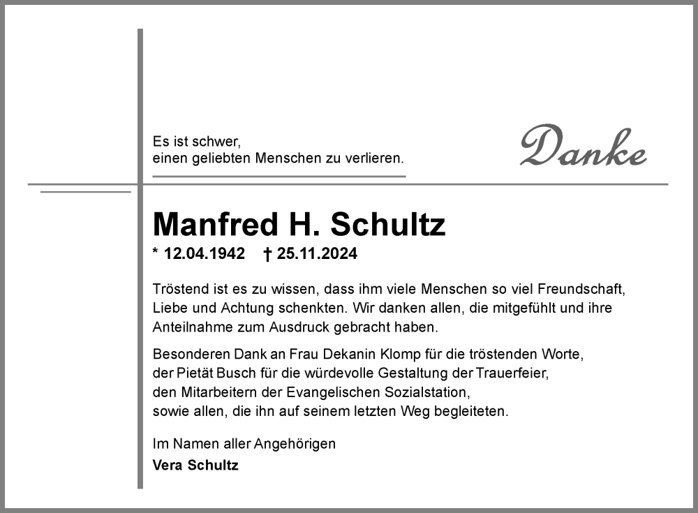  Traueranzeige für Manfred H. Schultz vom 28.12.2024 aus Fränkische Nachrichten