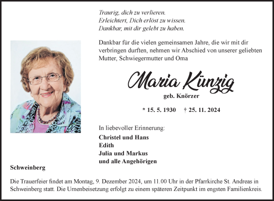 Traueranzeige von Maria Künzig von Fränkische Nachrichten