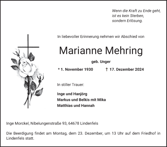 Traueranzeige von Marianne Mehring von Bergsträßer Anzeiger