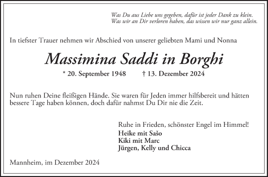 Traueranzeige von Massimina Saddi in Borghi von Mannheimer Morgen