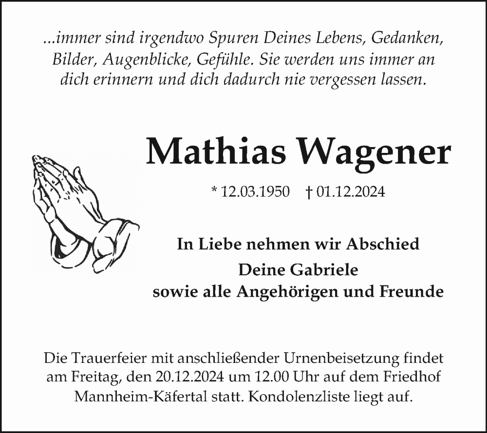 Traueranzeige für Mathias Wagener vom 14.12.2024 aus Mannheimer Morgen