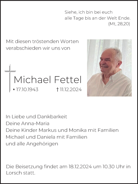 Traueranzeige von Michael Fettel von Bergsträßer Anzeiger