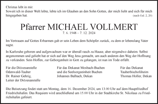 Traueranzeige von Michael Vollmert von Fränkische Nachrichten