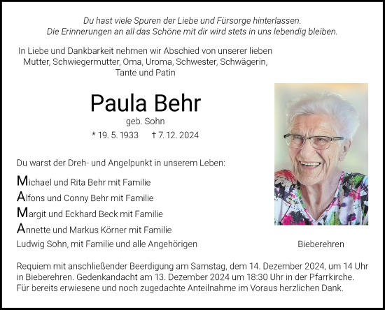 Traueranzeige von Paula Behr von Fränkische Nachrichten