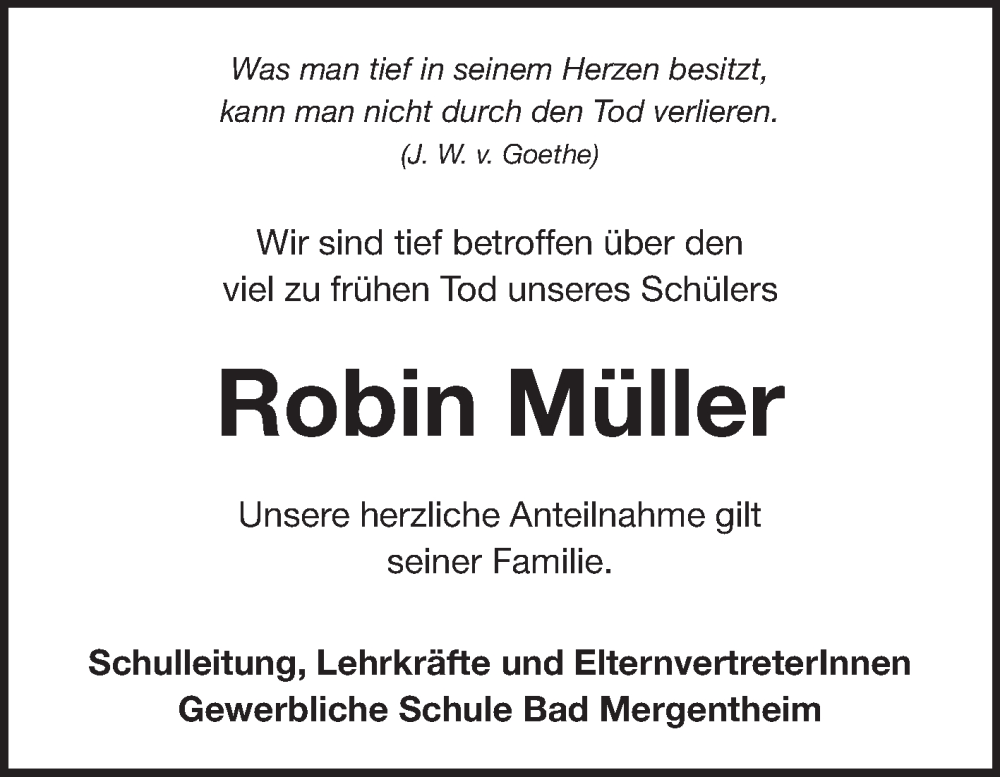  Traueranzeige für Robin Müller vom 19.12.2024 aus Fränkische Nachrichten