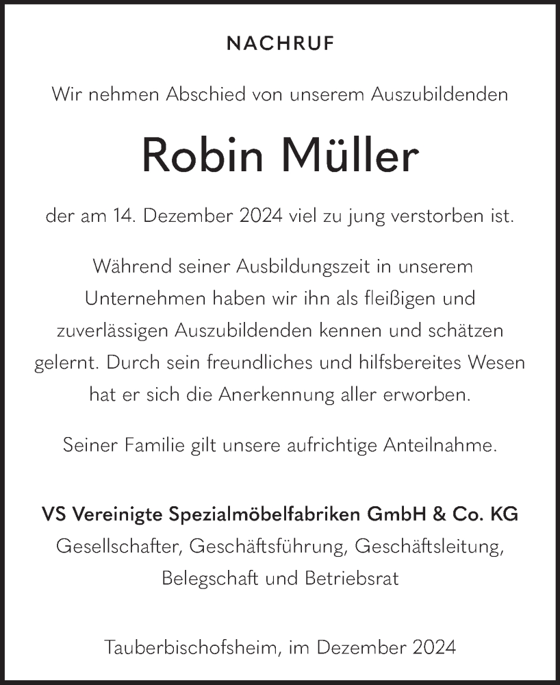  Traueranzeige für Robin Müller vom 18.12.2024 aus Fränkische Nachrichten