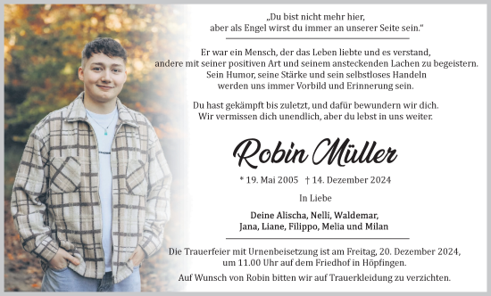 Traueranzeige von Robin Müller von Fränkische Nachrichten