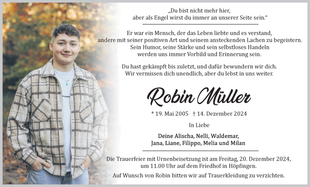  Traueranzeige für Robin Müller vom 18.12.2024 aus Fränkische Nachrichten