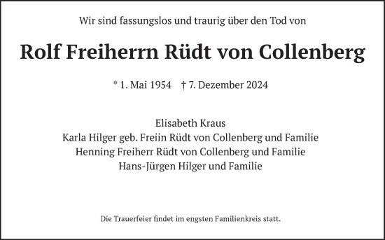 Traueranzeige von Rolf Freiherr Rüdt von Collenberg von Fränkische Nachrichten