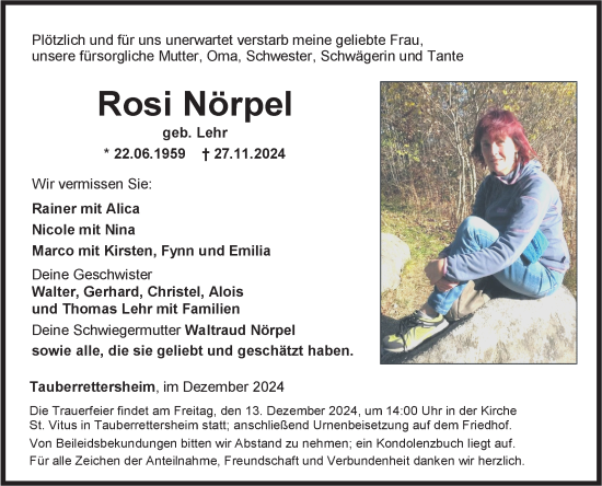 Traueranzeige von Rosi Nörpel von Fränkische Nachrichten