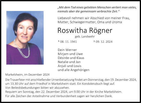 Traueranzeige von Roswitha Rögner von Fränkische Nachrichten