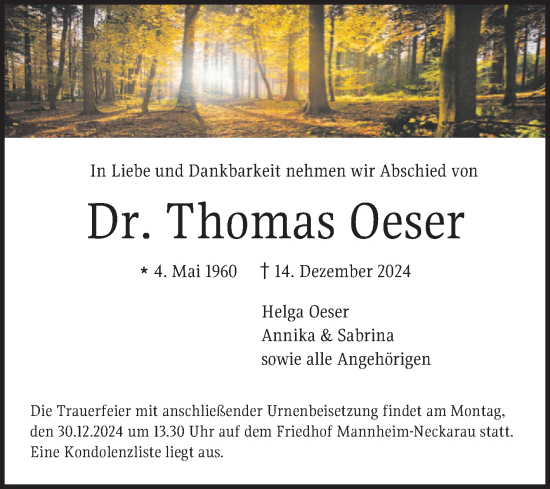 Traueranzeige von Thomas Oeser von Mannheimer Morgen