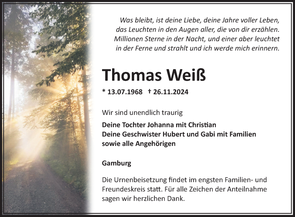  Traueranzeige für Thomas Weiß vom 07.12.2024 aus Fränkische Nachrichten