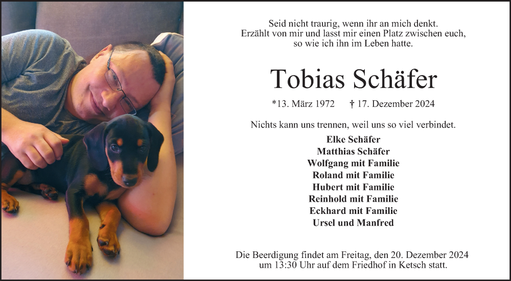  Traueranzeige für Tobias Schäfer vom 19.12.2024 aus Schwetzinger Zeitung