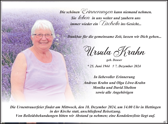 Traueranzeige von Ursula Krahn von Fränkische Nachrichten