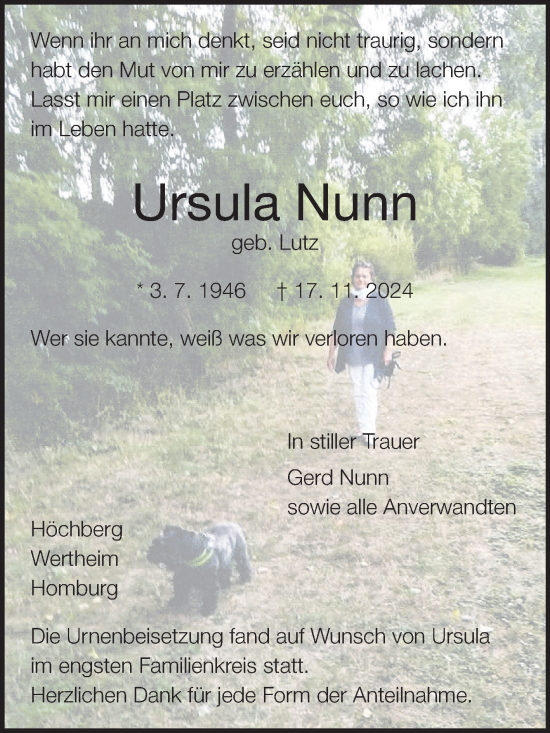 Traueranzeige von Ursula Nunn von Fränkische Nachrichten