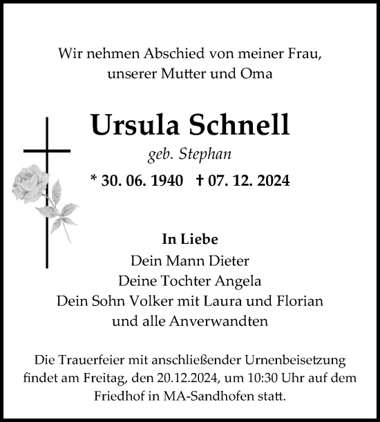 Traueranzeige von Ursula Schnell von Mannheimer Morgen