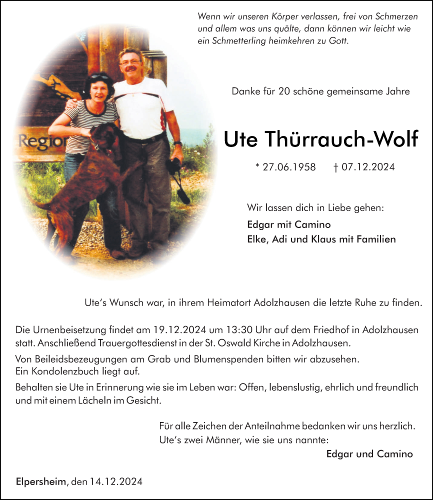  Traueranzeige für Ute Thürrauch-Wolf vom 14.12.2024 aus Fränkische Nachrichten