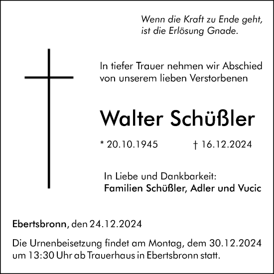 Traueranzeige von Walter Schüßler von Fränkische Nachrichten