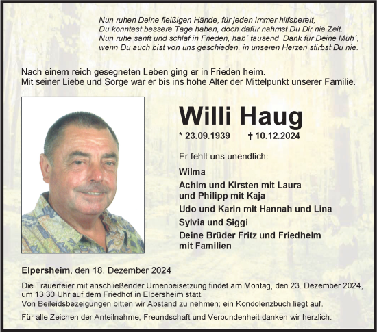 Traueranzeige von Willi Haug von Fränkische Nachrichten