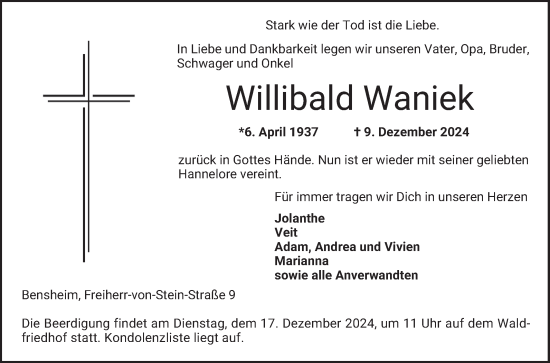 Traueranzeige von Willibald Waniek von Bergsträßer Anzeiger