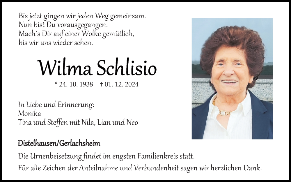  Traueranzeige für Wilma Schlisio vom 06.12.2024 aus Fränkische Nachrichten