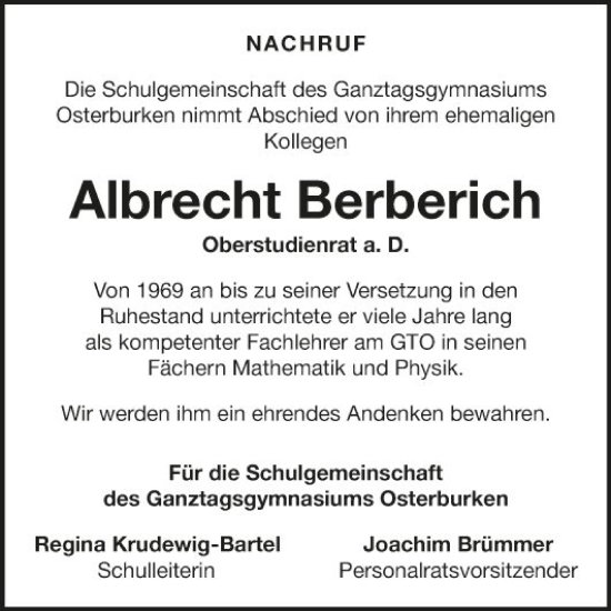 Traueranzeige von Albrecht Berberich von Fränkische Nachrichten