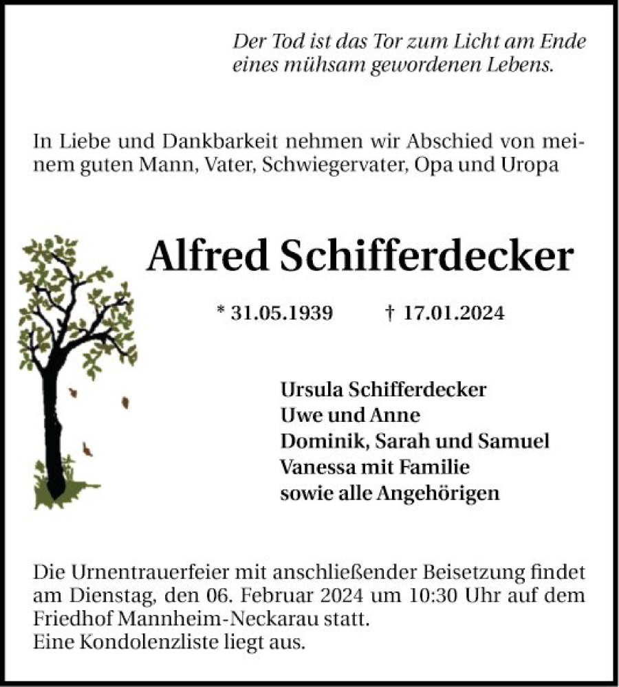  Traueranzeige für Alfred Schifferdecker vom 03.02.2024 aus Mannheimer Morgen