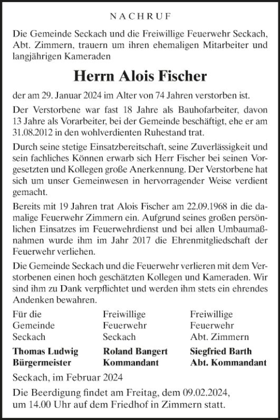 Traueranzeige von Alois Fischer von Fränkische Nachrichten
