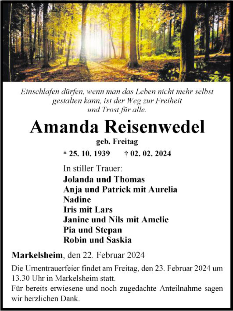  Traueranzeige für Amanda Reisenwedel vom 22.02.2024 aus Fränkische Nachrichten