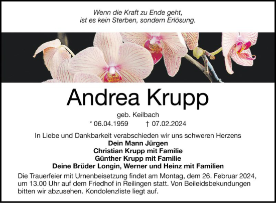 Traueranzeige von Andrea Krupp von Schwetzinger Zeitung