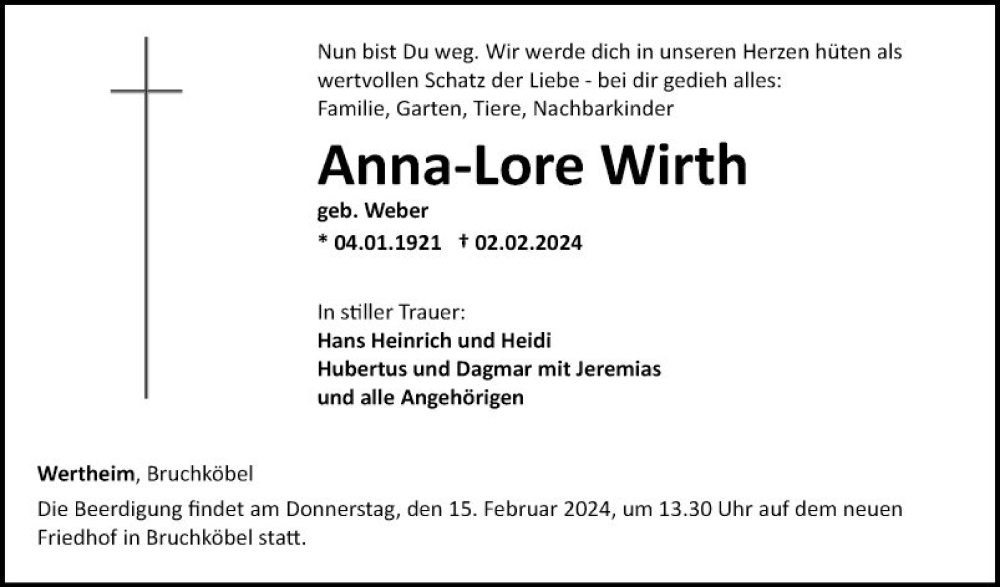  Traueranzeige für Anna-Lore Wirth vom 10.02.2024 aus Fränkische Nachrichten