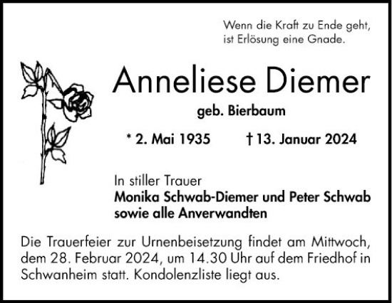 Traueranzeige von Anneliese Diemer von Bergsträßer Anzeiger