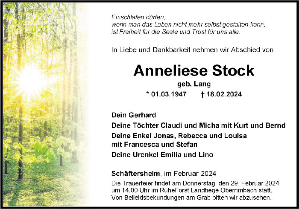  Traueranzeige für Anneliese Stock vom 23.02.2024 aus Fränkische Nachrichten