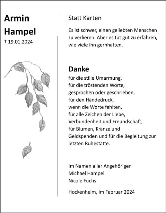 Traueranzeige von Armin Hampel von Schwetzinger Zeitung