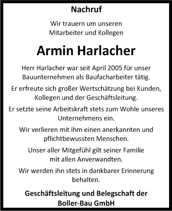 Traueranzeige von Armin Harlacher von Fränkische Nachrichten