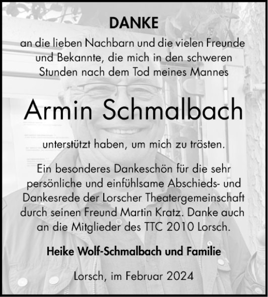 Traueranzeige von Armin Schmalbach von Bergsträßer Anzeiger