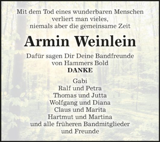 Traueranzeige von Armin Weinlein von Fränkische Nachrichten