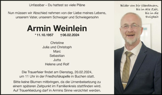 Traueranzeige von Armin Weinlein von Fränkische Nachrichten