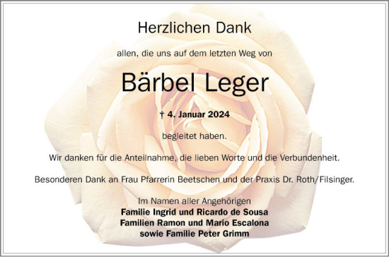 Traueranzeige von Bärbel Leger von Schwetzinger Zeitung