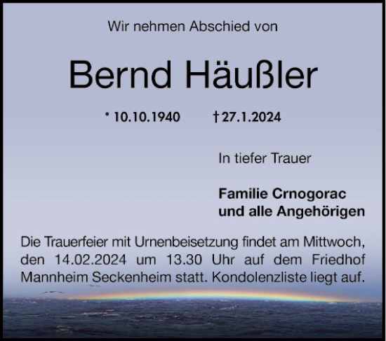Traueranzeige von Bernd Häußler von Mannheimer Morgen